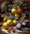 Still Life with Apples, Plums and Raspberries on a Mossy Bank by Oliver Clare